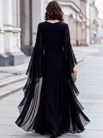 Elegant Sheer Cape Sleeve Maxi Evening Dress