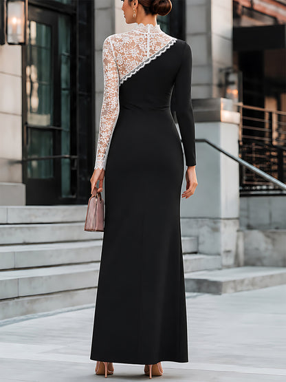 Asymmetric Lace-Spliced Maxi Dress