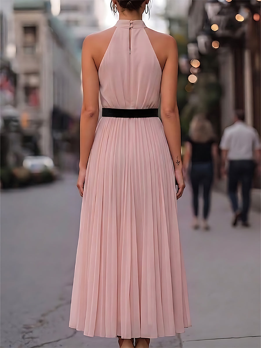 Pleated Halter Neck Maxi Dress With Velvet Bow Detail