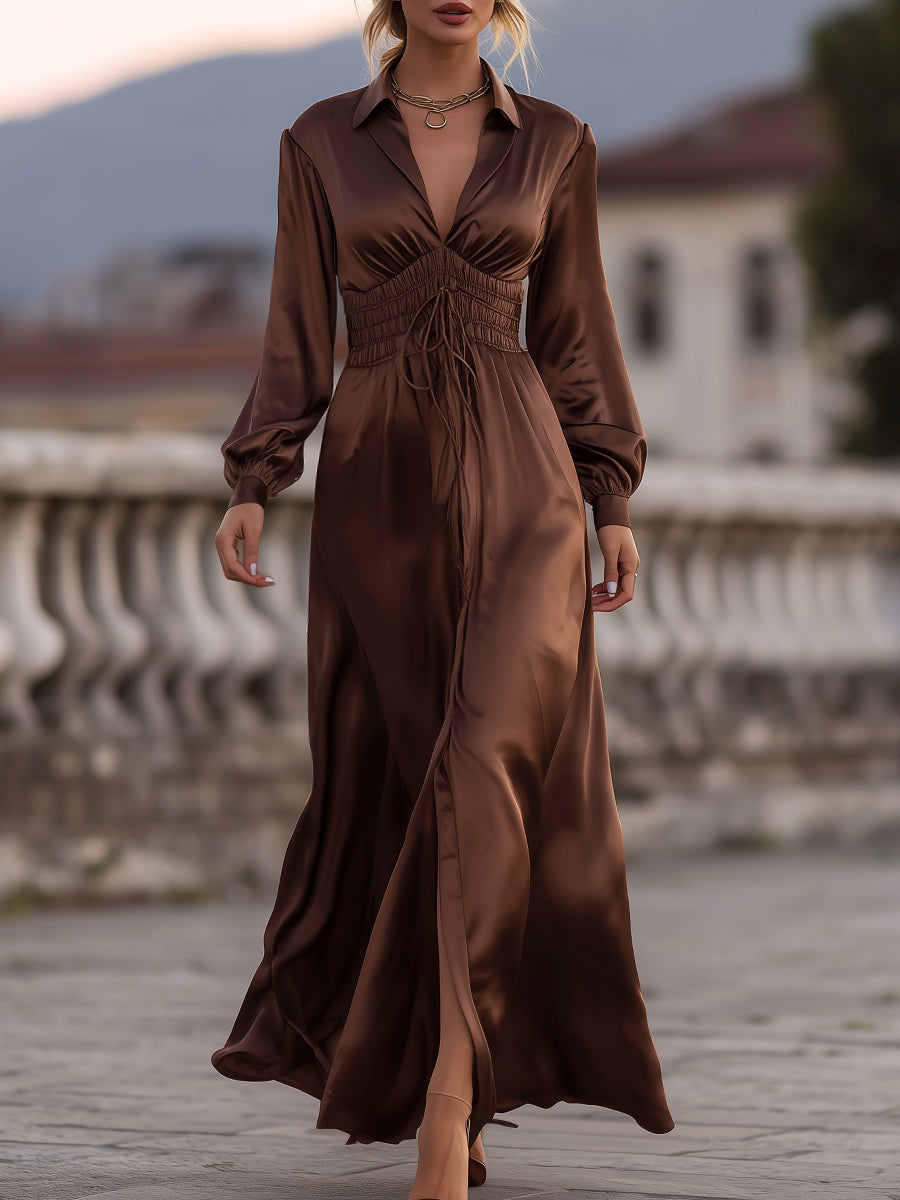 KSXTXX Satin Cinched Waist Maxi Dress In Mocha Brown
