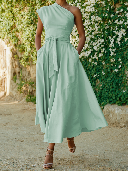 Maxi Cotton Dress , Sleeveless, One shoulder, Plain, Belt Design, Vintage, Light Pink