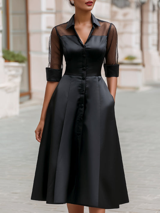 Sheer Panel Button-Front Midi Shirt Dress