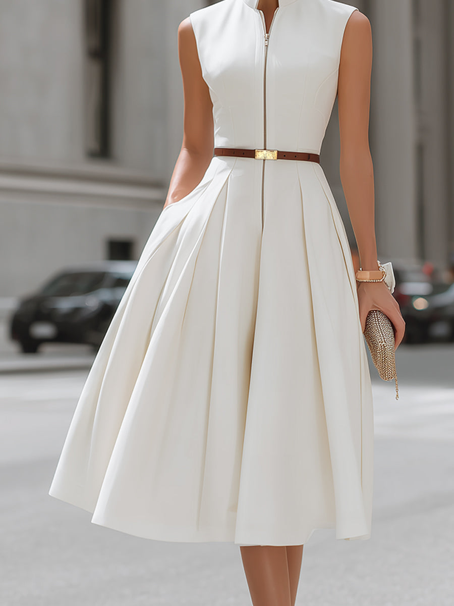 Sleeveless Zip-Front High-Neck Midi Dress