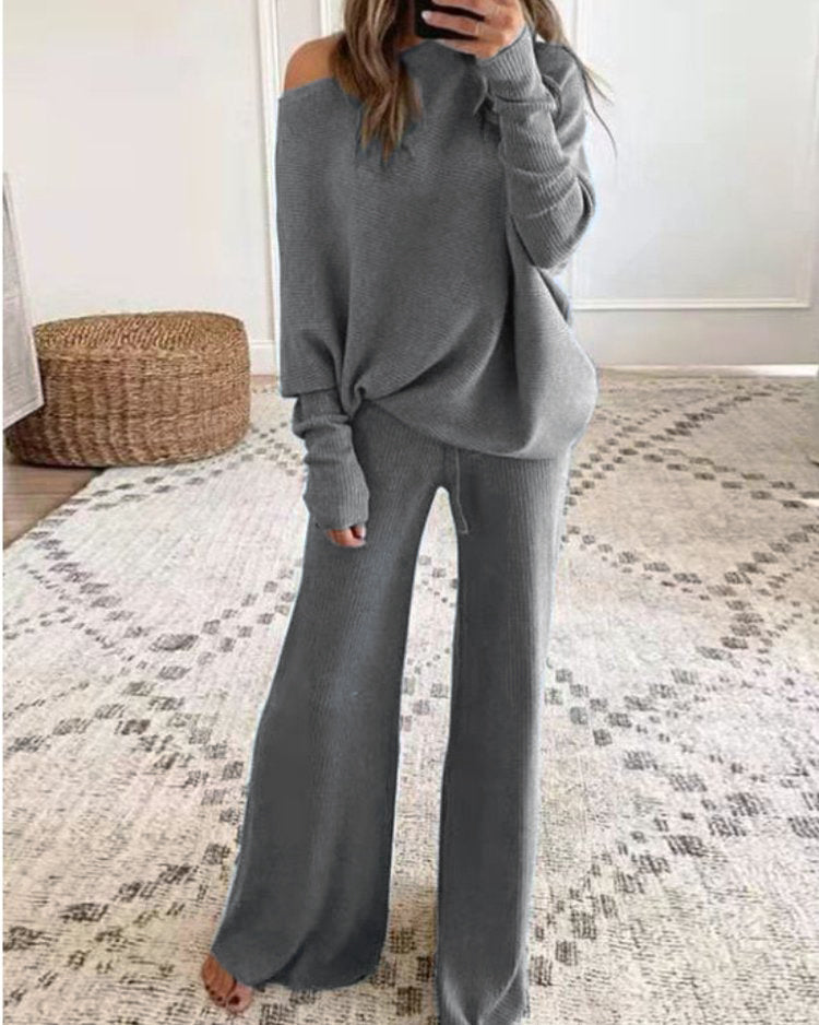 Plus Size  off-Shoulder Women's Knitted Blouse Pants Length Two-Piece Suit