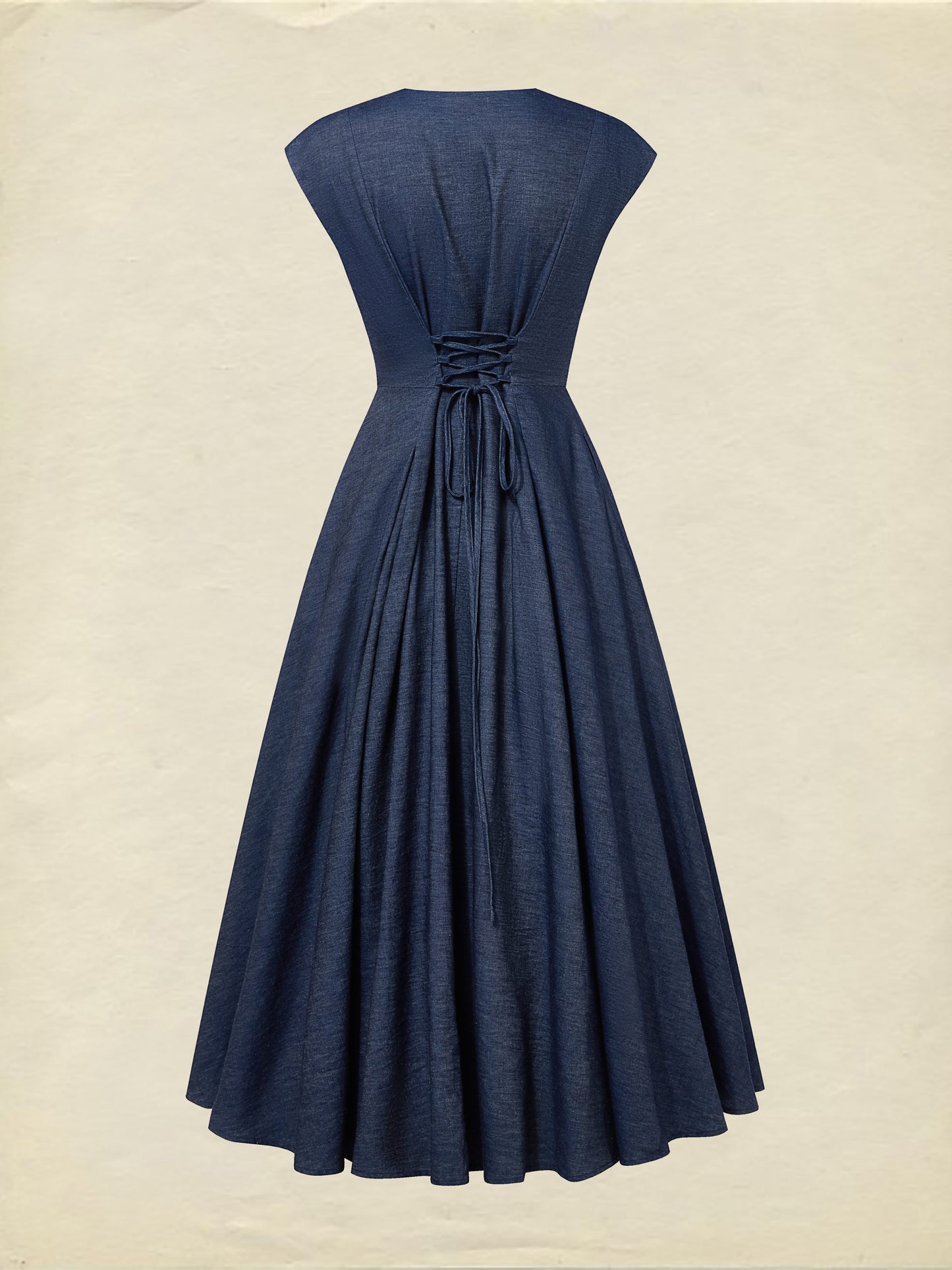 Maxi Linen Denim Dress, Short Sleeves, Sweetheart Neckline, Plain, Lace, Vintage, Blue