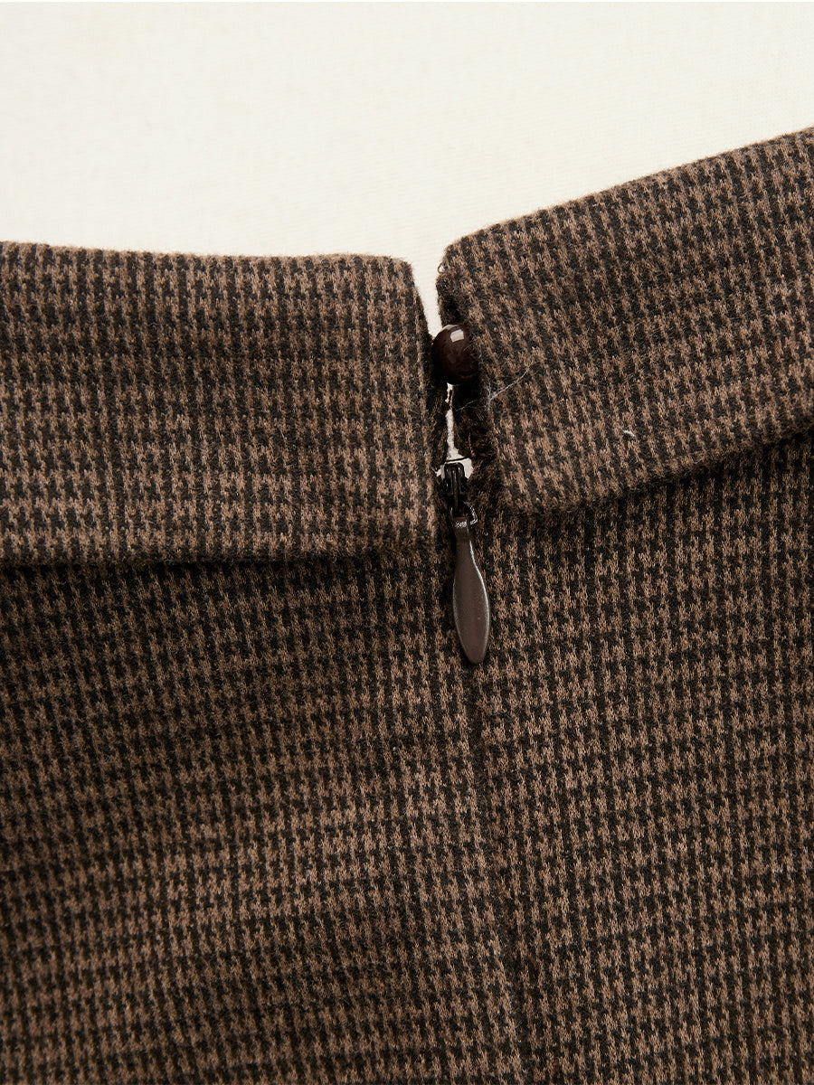 Elegant Houndstooth Long-Sleeve Midi Dress