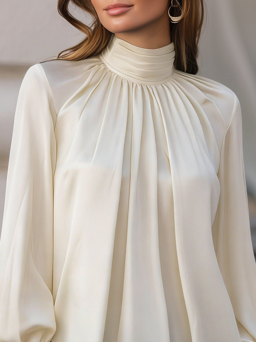 Satin High-Neck Draped Pleated Blouse