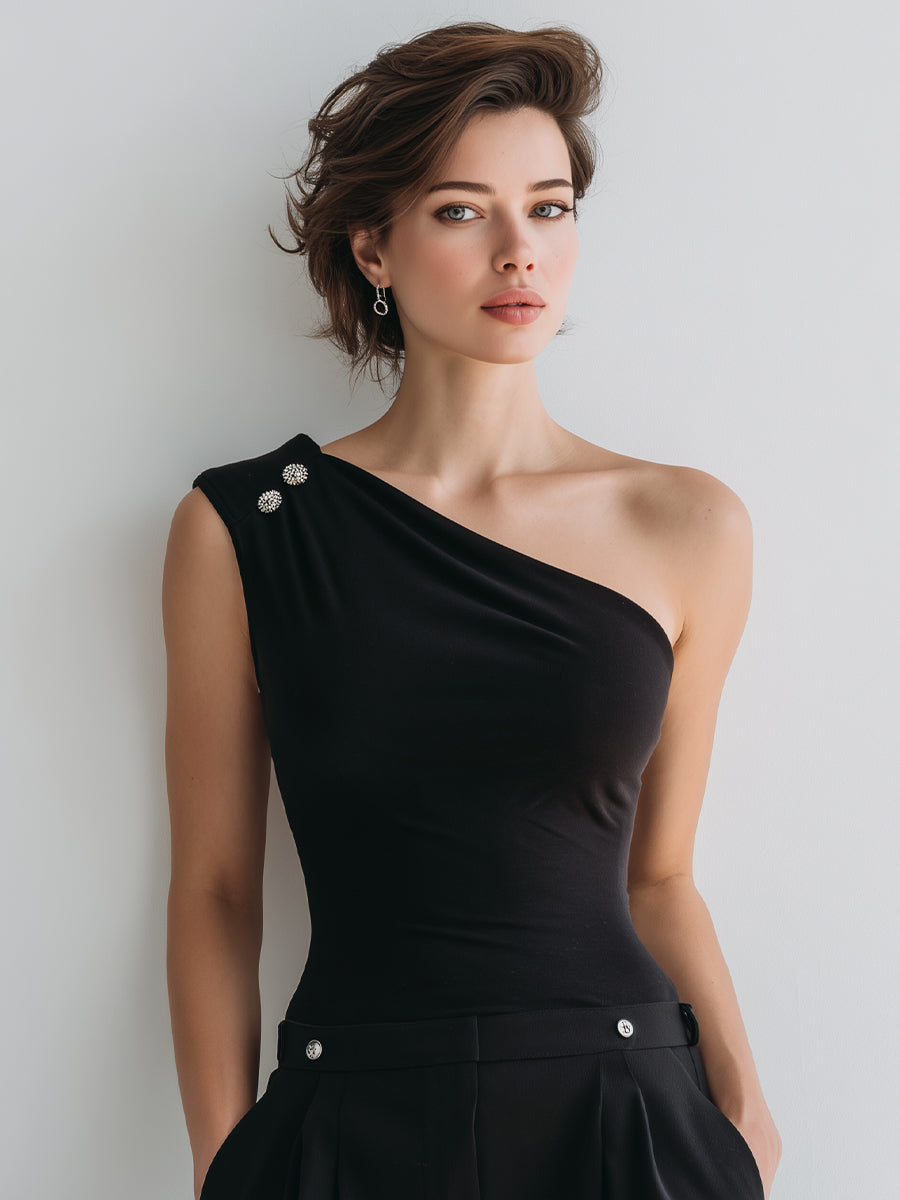 Asymmetrical One-Shoulder Top With Gem Accents