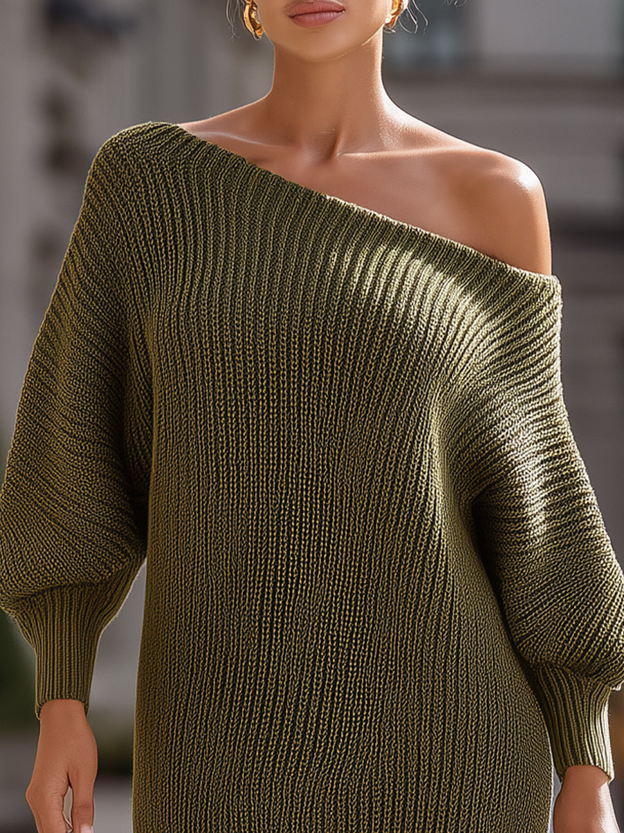 Olive Green Asymmetric Off-the-Shoulder Sweater