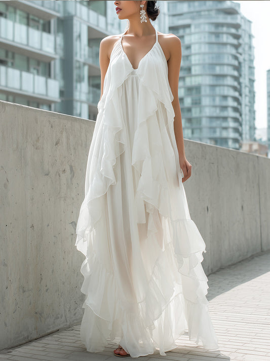 White Halter Ruffled Chiffon Maxi Dress