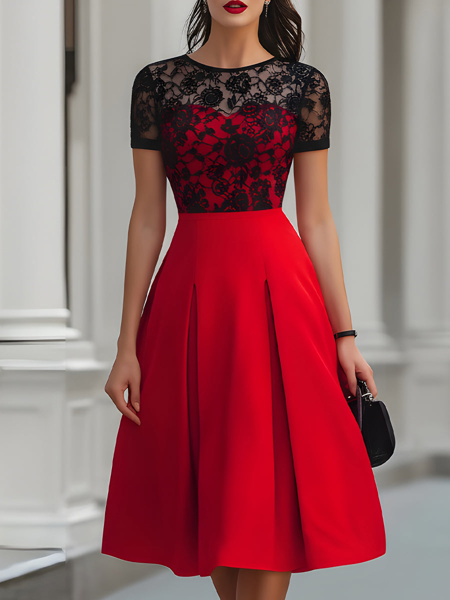 Red & Black Lace Fit-and-Flare Midi Dress