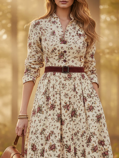 Midi Linen Dress, Long Sleeves, Shawl Collar, Floral, Belt Design, Vintage, Apricot