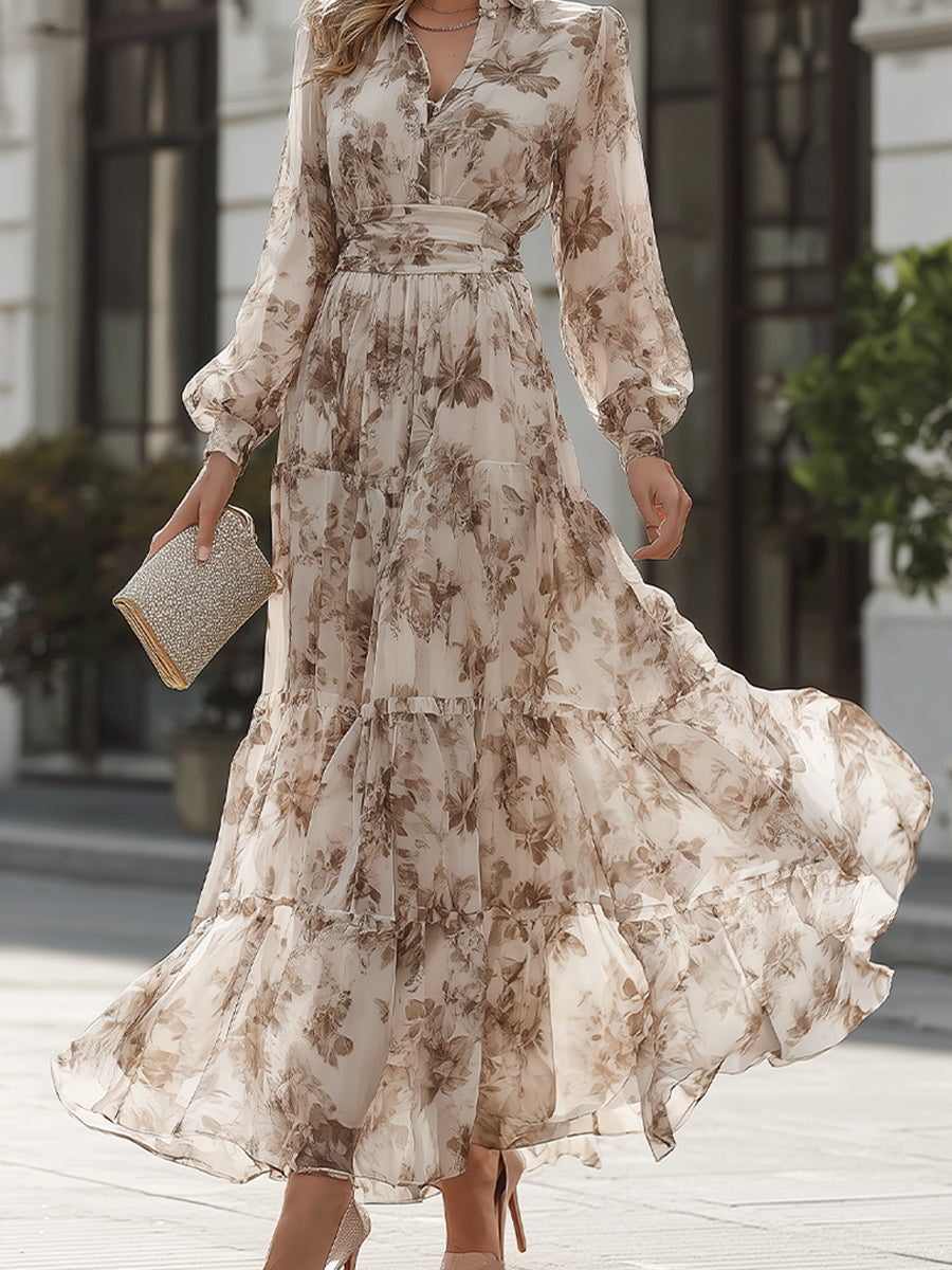 Floral Print Tiered Belted Maxi Dress