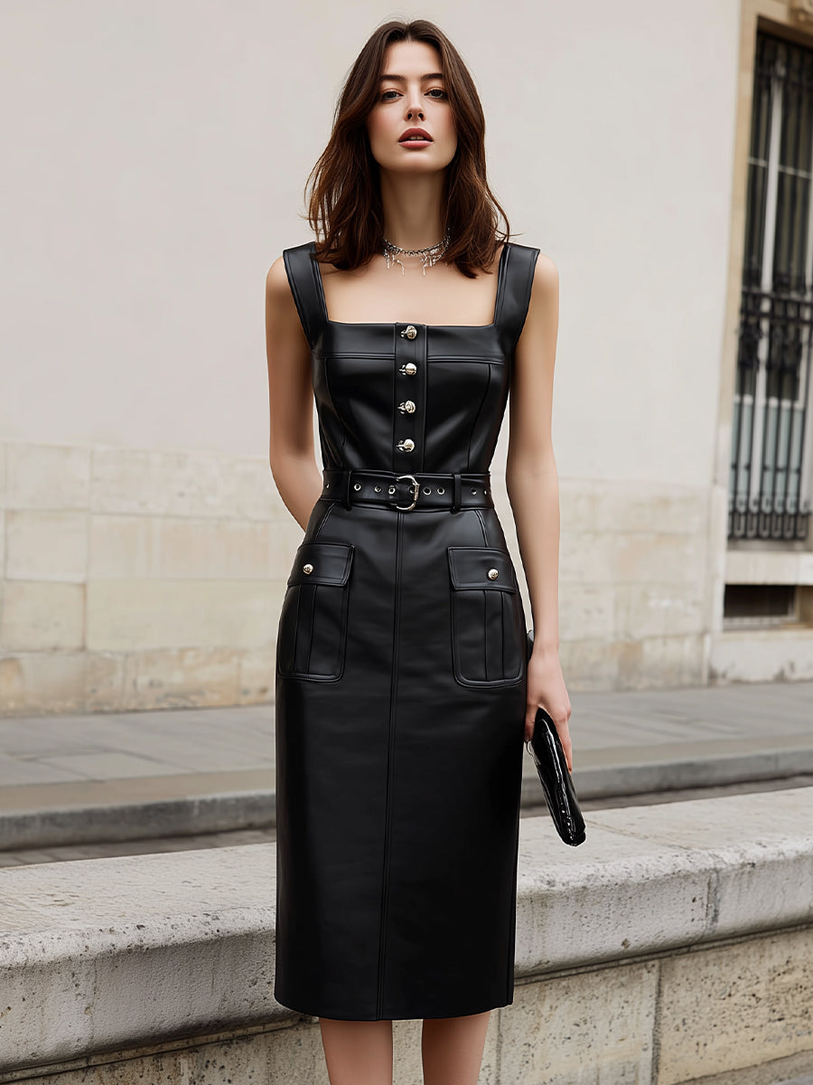 Square Neck Belted Button-Front Midi Dress