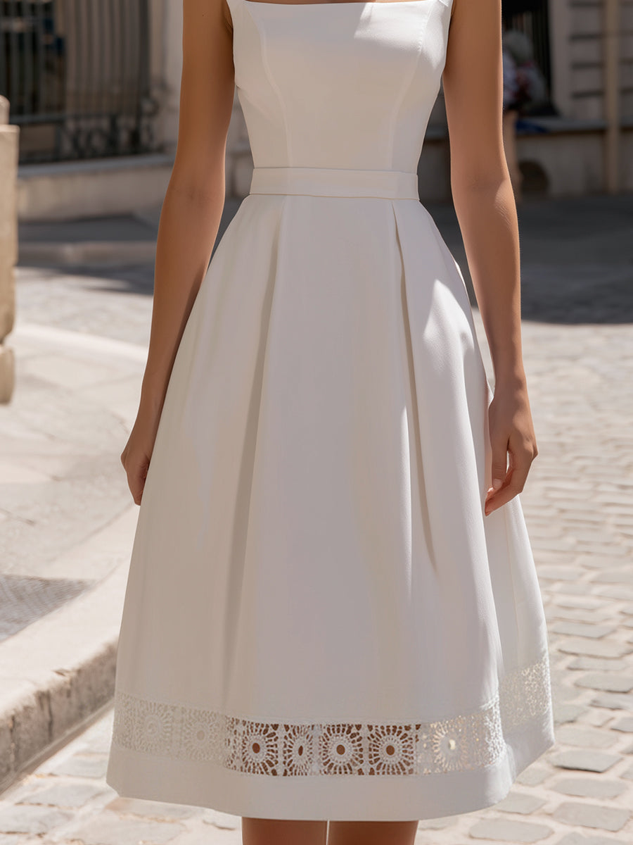 Square-Neck Sleeveless Midi Dress With Lace Hem Detail