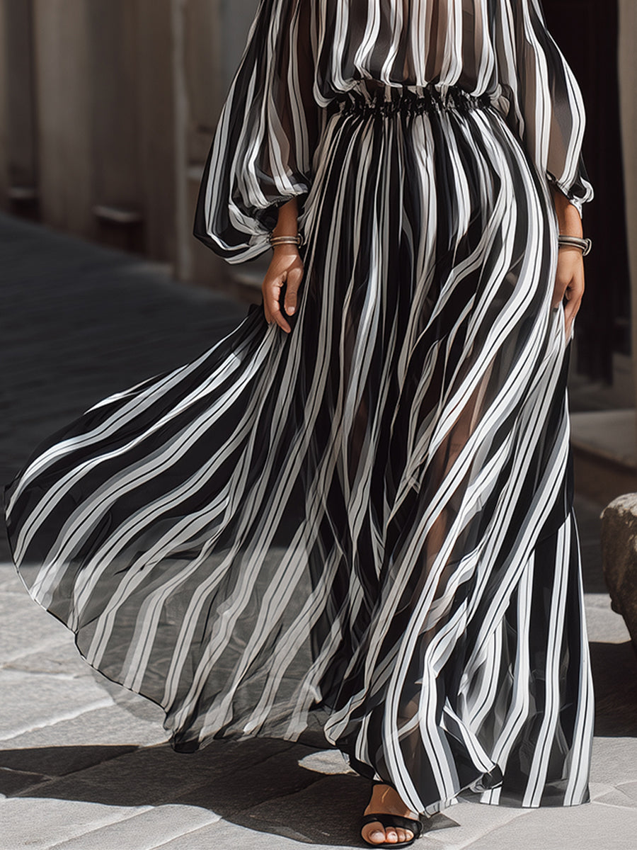 Elegant Off-the-Shoulder Vertical Stripe Chiffon Maxi Dress