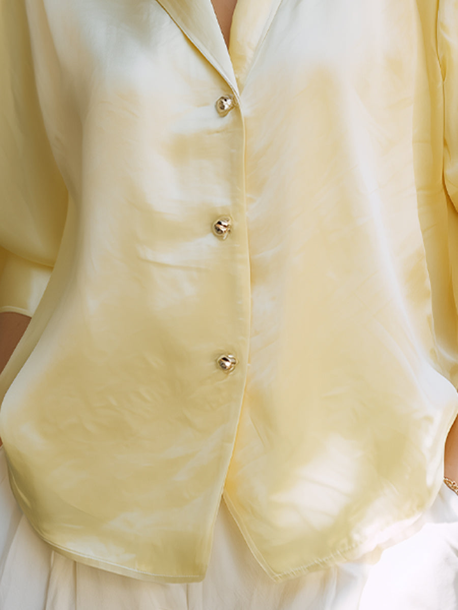 Elegant Soft Yellow Satin Button-Front Blouse With Relaxed Silhouette