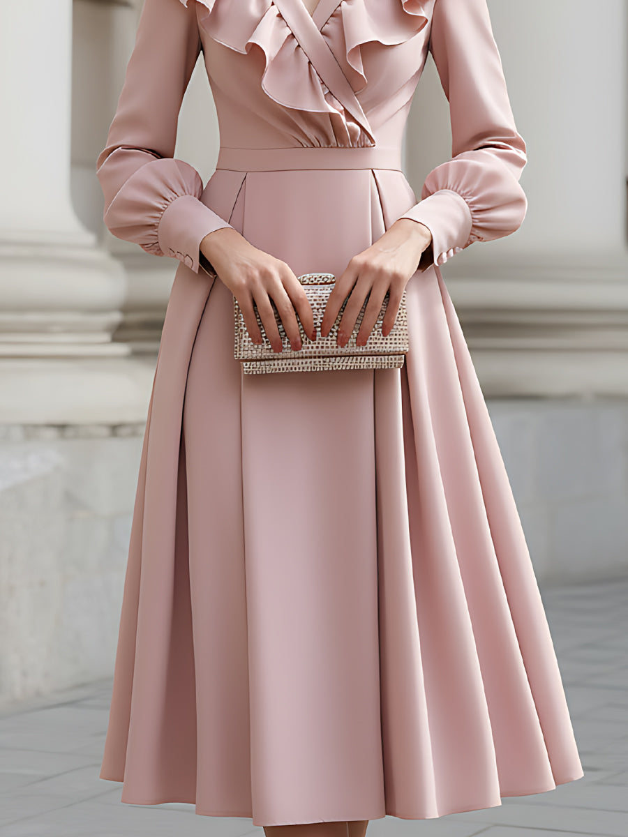 Ruffled Wrap-Neck Long Sleeve Midi Dress