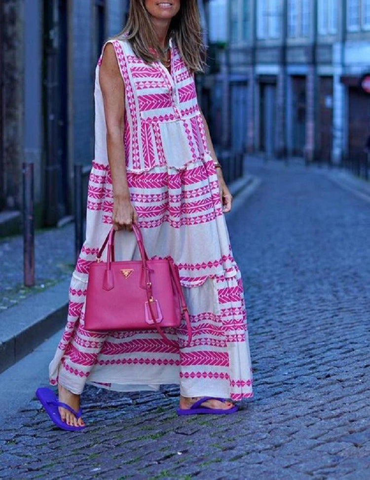 Dress Geometric Printed V-neck Sleeveless Maxi Boho Tunic Dress