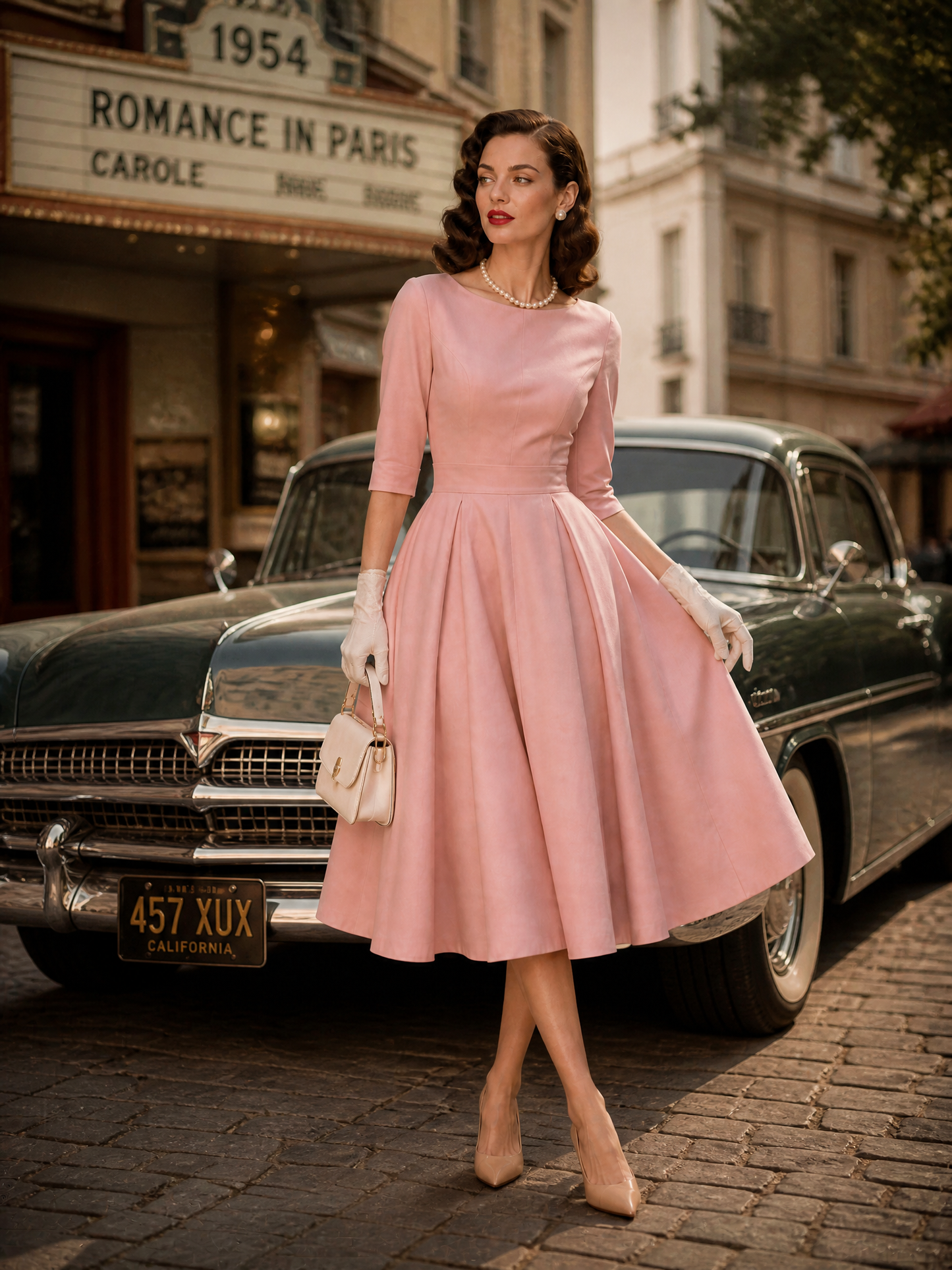 1950s Retro Audrey-Style Pink Swing Midi Dress