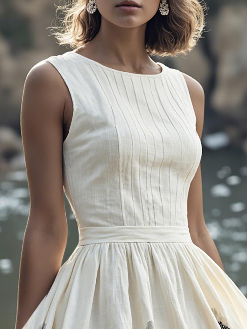 Midi Linen Dress , Sleeveless, Round Neck, Floral, Vacation, Vintage, Black