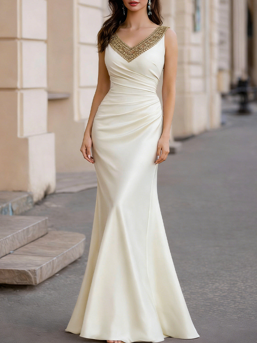 Gold-Trim V-Neck Ruched Satin Maxi Dress