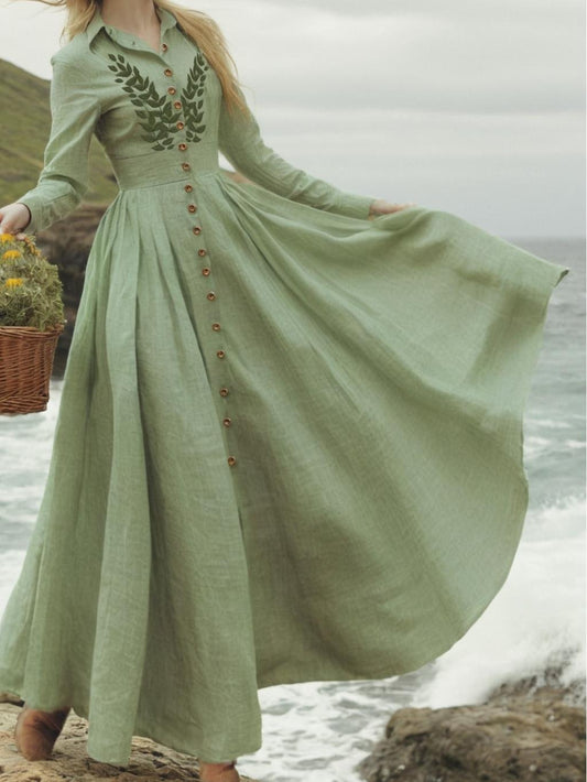 Linen Maxi Dress, Shawl Collar, Shawl Collar, Long Sleeve, Tea Party, Linen Blend, Floral, Green