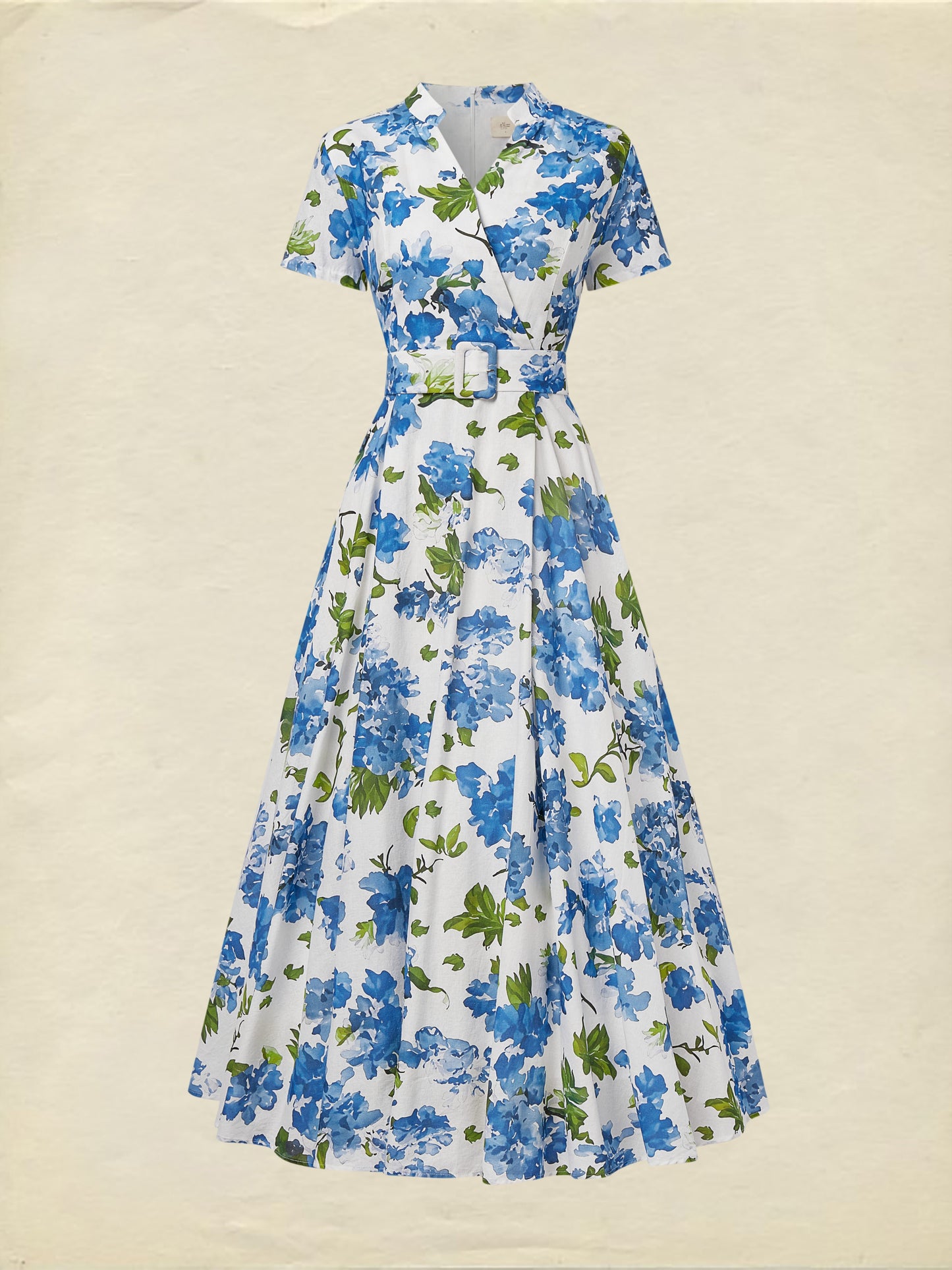 Maxi Linen Dress , Short Sleeves, V Neck, Floral, Belt Design, Vintage, Blue