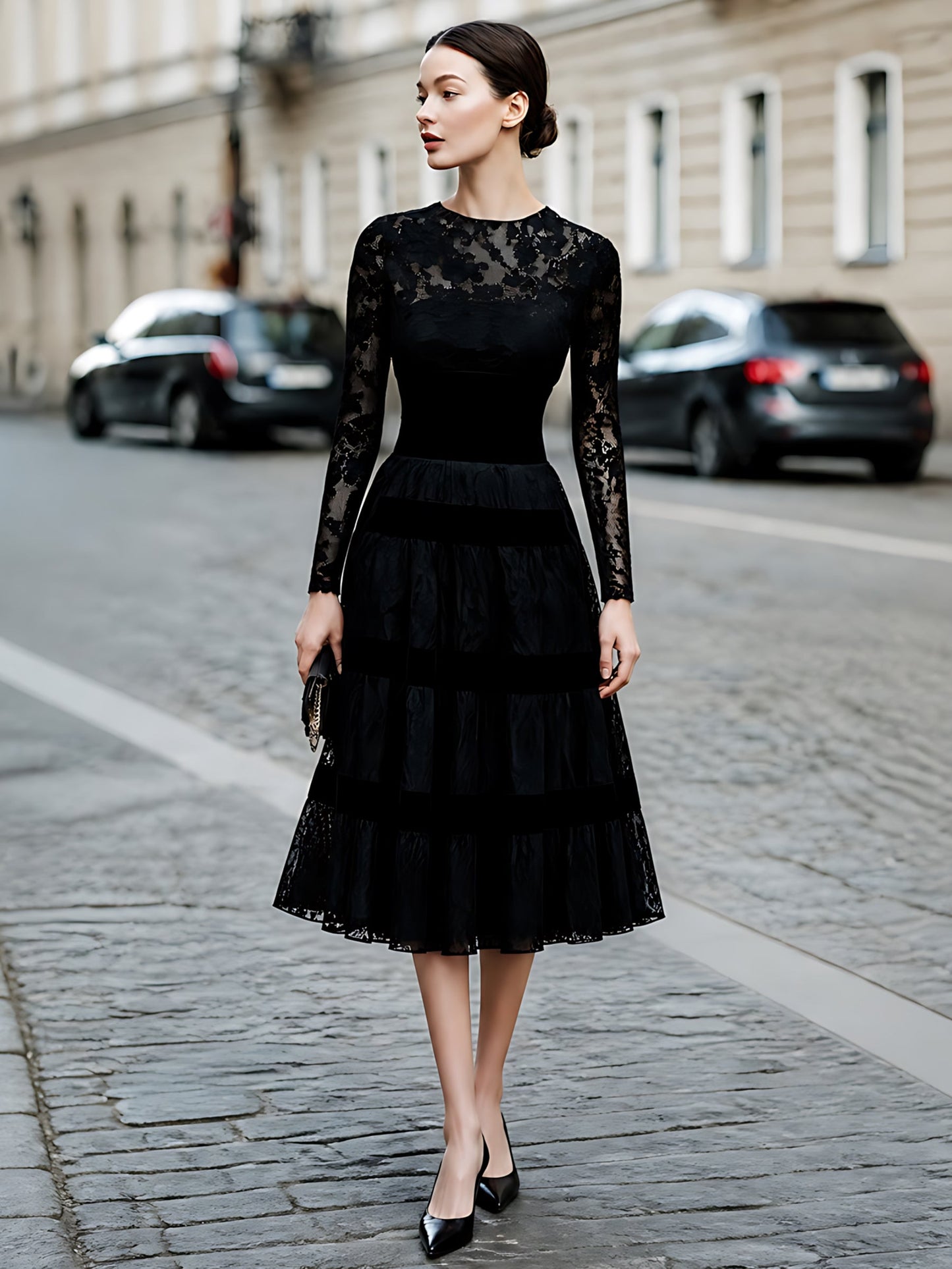 Lace Velvet-Trim Tiered Midi Dress