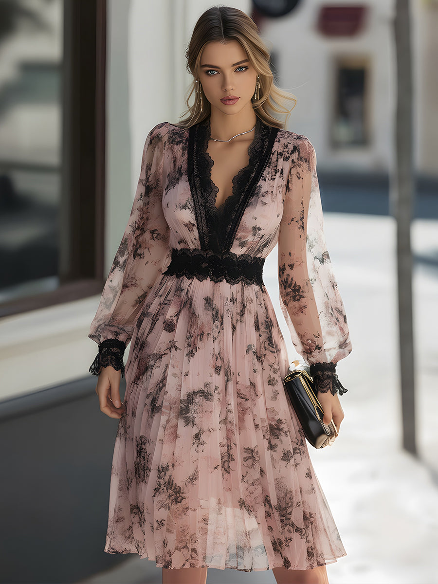 Lace-Trimmed Floral Pleated Midi Dress