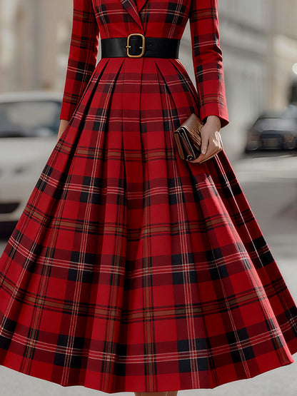 KSXTXX Statement Red Plaid Trench Dress With Gold Buckle Belt