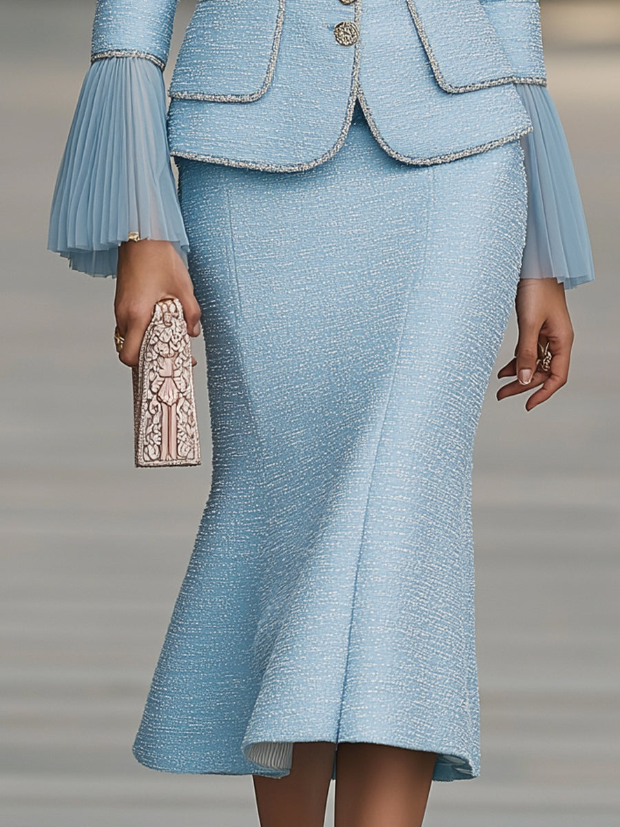 Elegant Powder Blue Tweed Skirt Suit Set