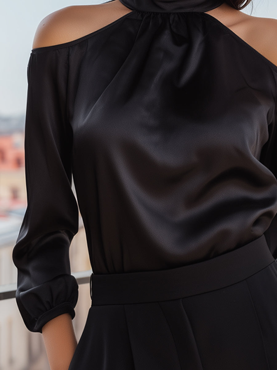 High-Neck Cold-Shoulder Long Sleeve Blouse