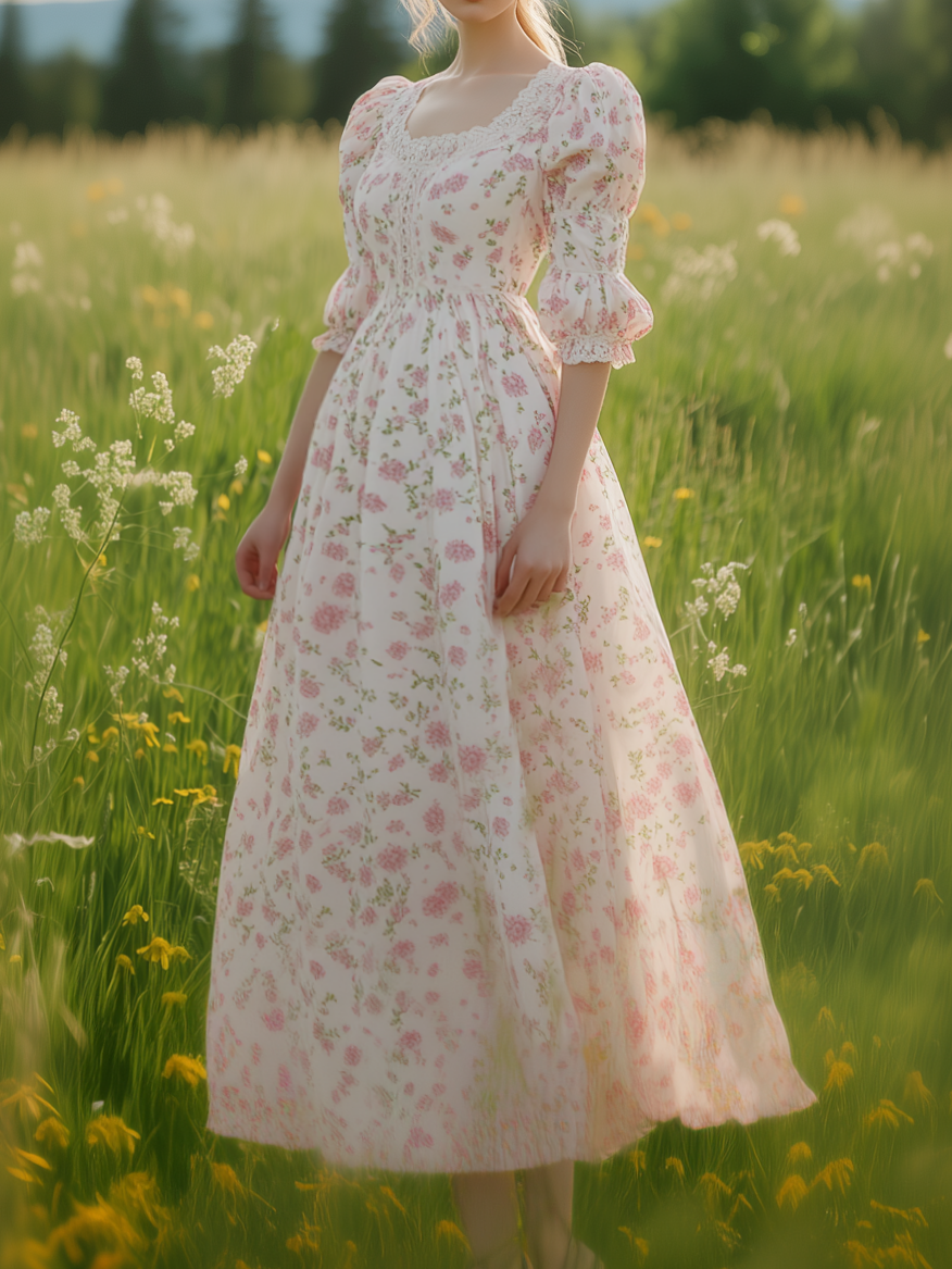 Linen Maxi Dress, Half Sleeve , Lace Collar, Floral, Casual, Pink