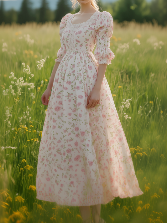 Linen Maxi Dress, Half Sleeve , Lace Collar, Floral, Casual, Pink