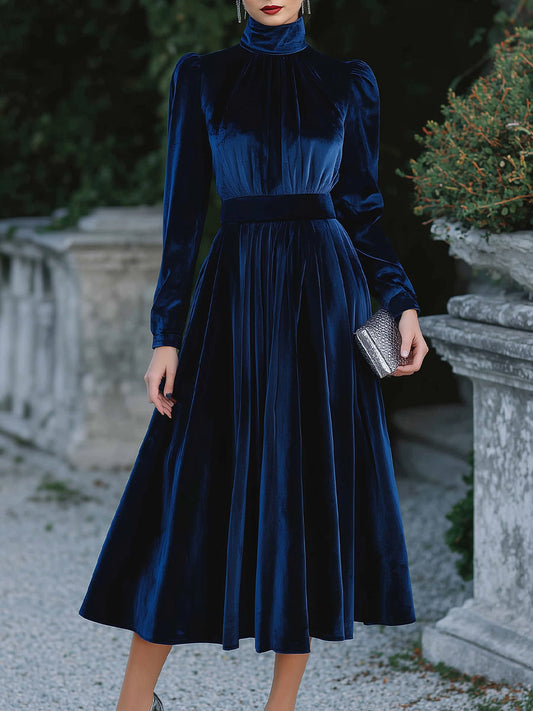 High-Neck Pleated Velvet Midi Dress