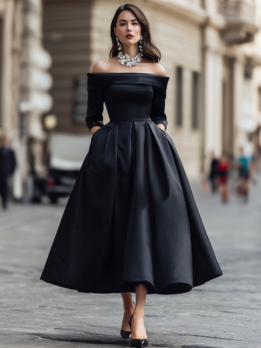 Elegant Off-Shoulder Satin Midi Dress