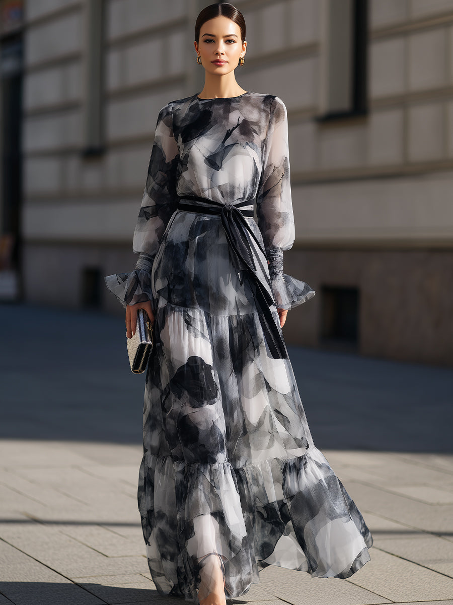 Abstract Print Tie Waist Maxi Dress