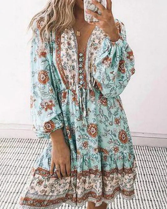 Bohemian Dress Printed Lace-up High-Waisted Skirt