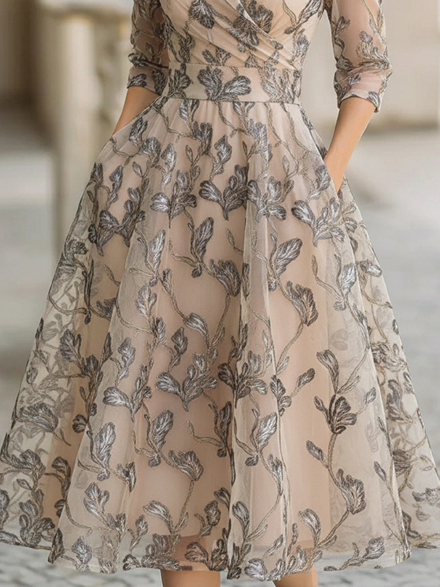 KSXTXX Embroidered Mesh Midi Dress With Metallic Leaf Motif