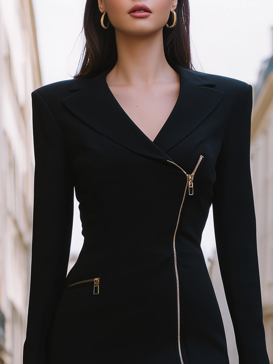 Asymmetric Zip-Front Tailored Mini Dress