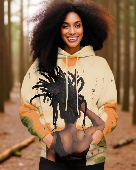 Women's Personalized Black Girl's Dreadlocked Back Long-Sleeved Pullover Hoodie