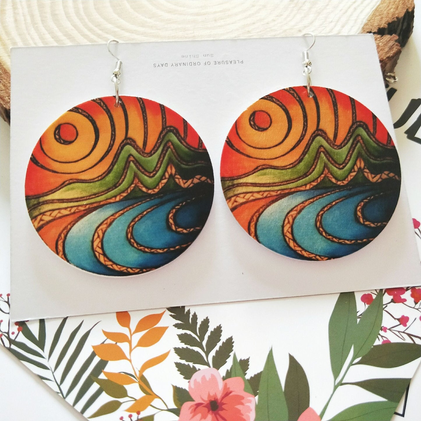 Geometric circular wooden earrings with patterns