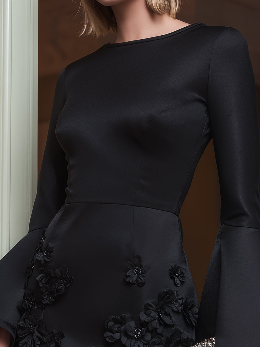 Black Bell-Sleeve Floral Appliqu¨¦ Mini Dress