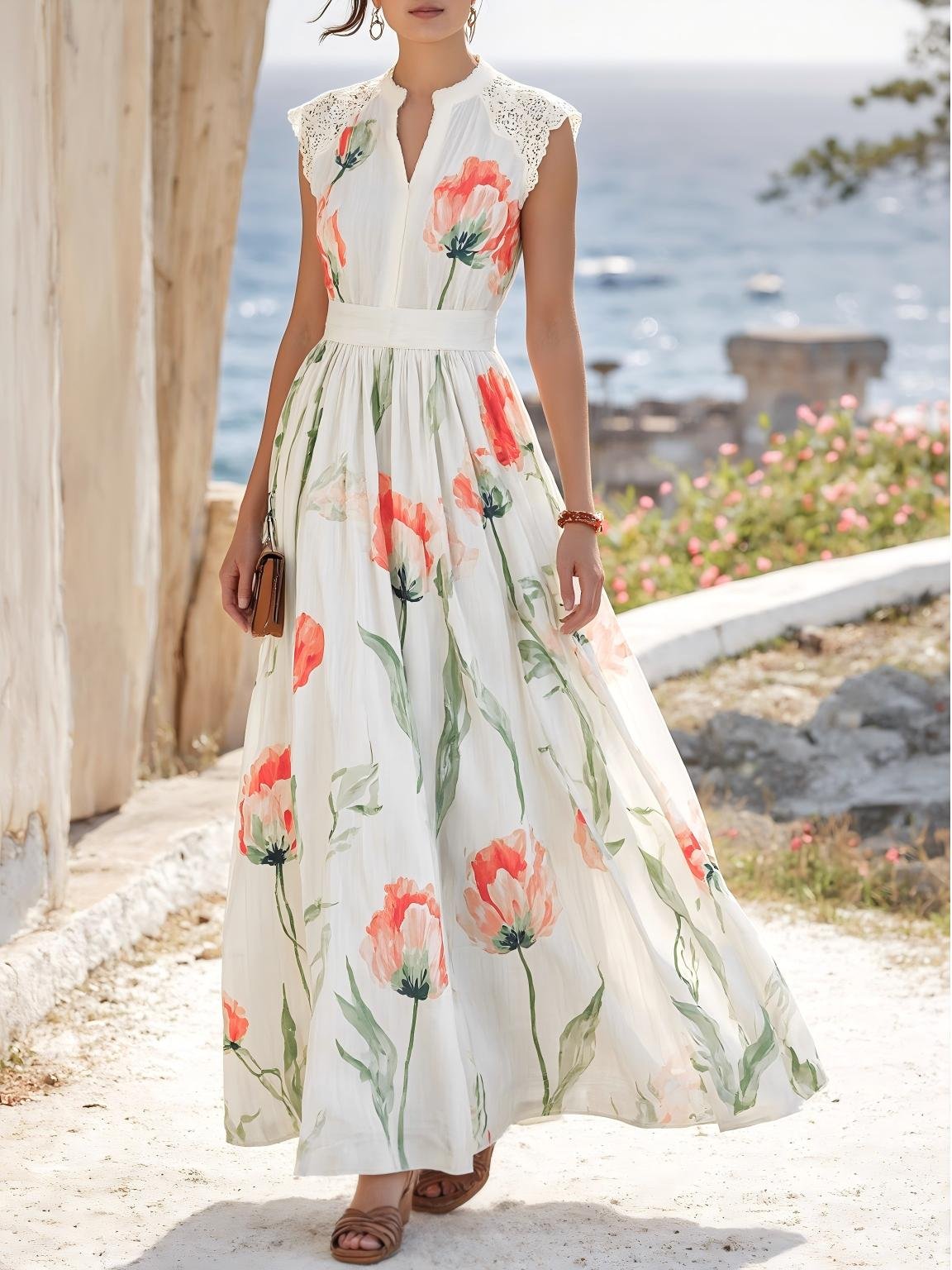 Maxi Linen Dress , Sleeveless, V Neck, Floral, Lace, Vacation, Vintage, Coral