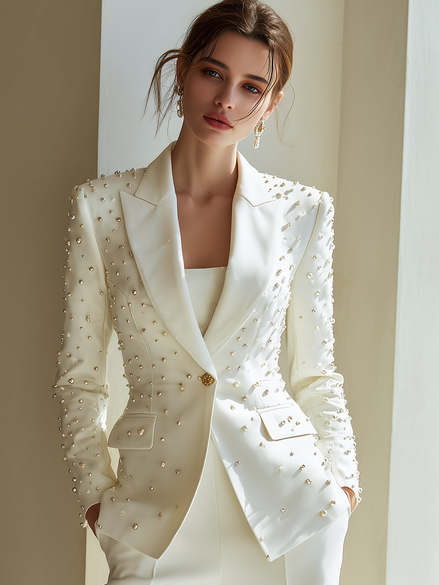 Embellished White Tailored Blazer With Pearl-Inspired Studs