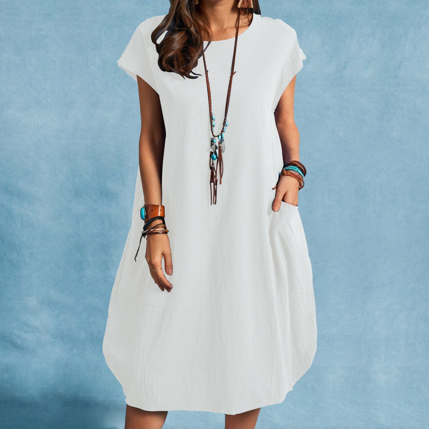 Cotton Solid Color Pocket Midi Dress