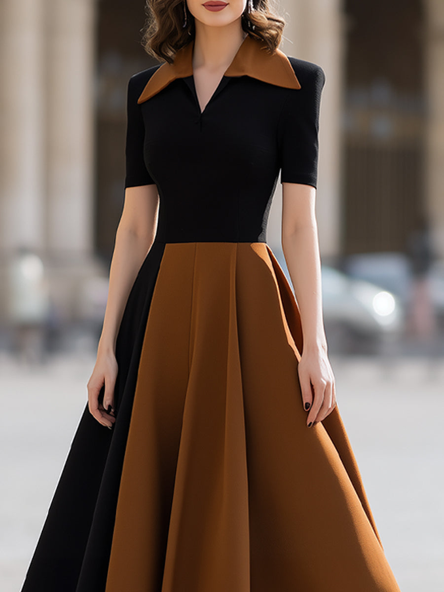 Black & Camel Color-Blocked Fit-and-Flare Midi Dress