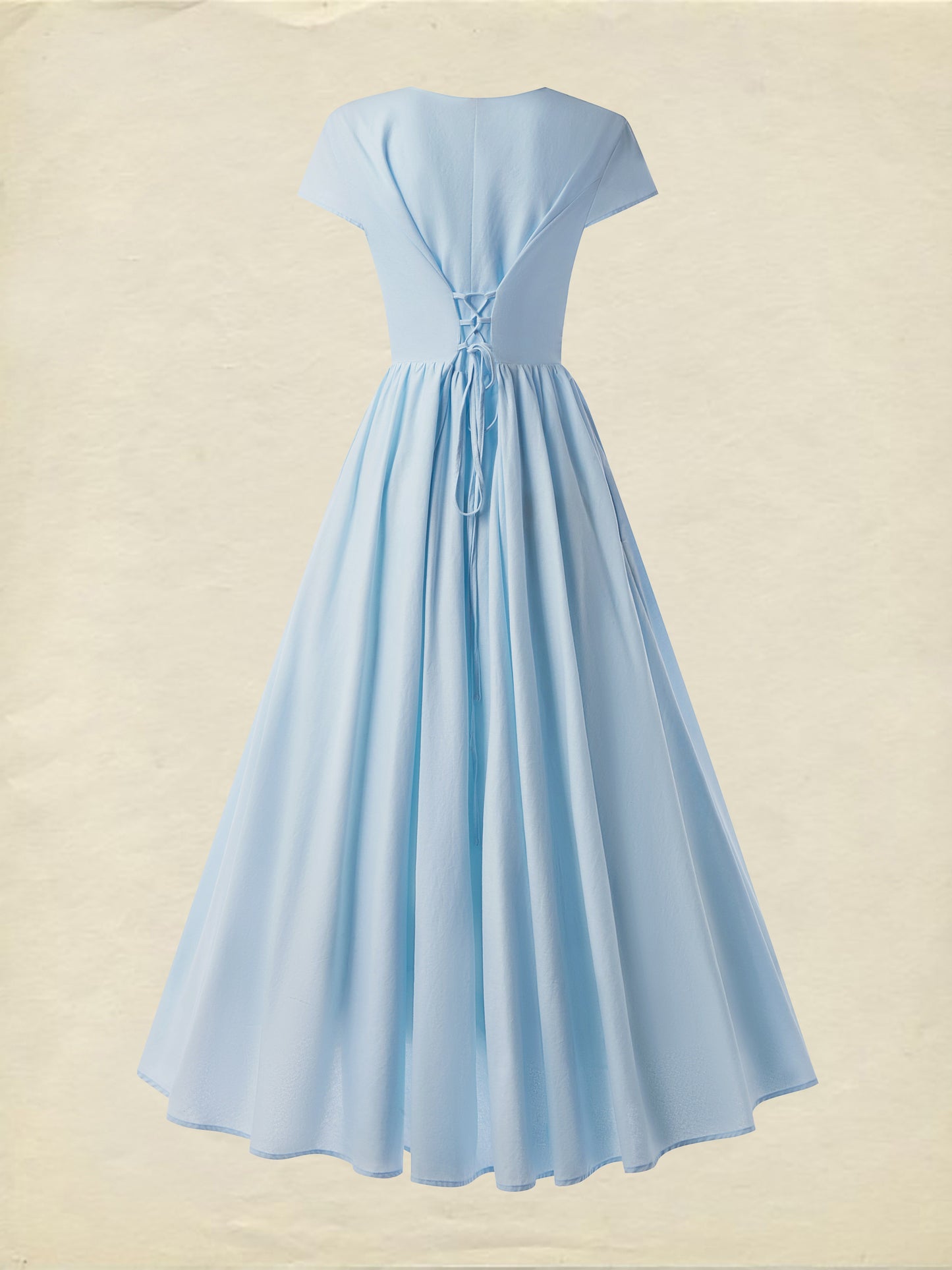 Midi Linen Dress, Short Sleeves, V Collar, Linen Blend, Plain, Renaissance