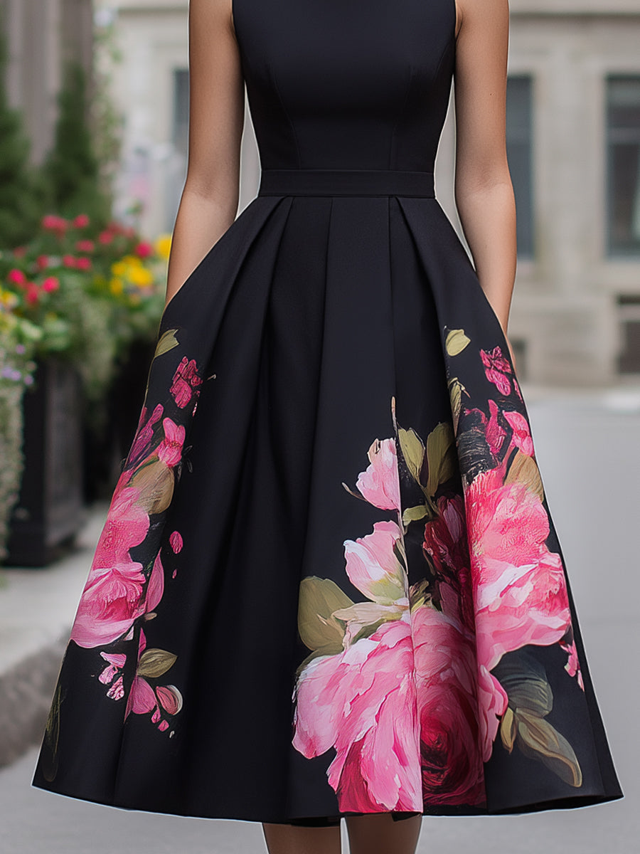 Elegant Sleeveless Midi Dress With Floral Printed Skirt